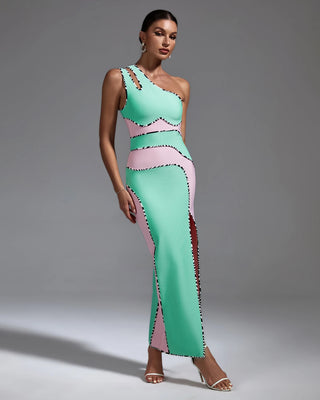 Fashion Design Pink and Green Contrast Bandage Dress - Sexy One Shoulder High Slit Bodycon Casual Elegant Dress