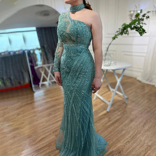 One-Shoulder Beaded Turquoise Mermaid Evening Dress for Women's Wedding Party