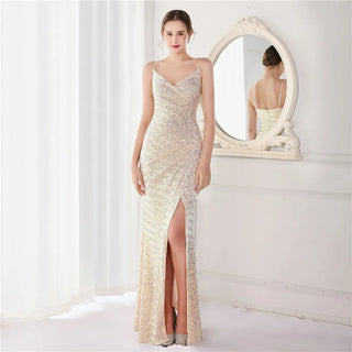 Sexy V-Neck Sequin Strap Party Maxi Dress with Slit - Long Prom Evening Dress for Women