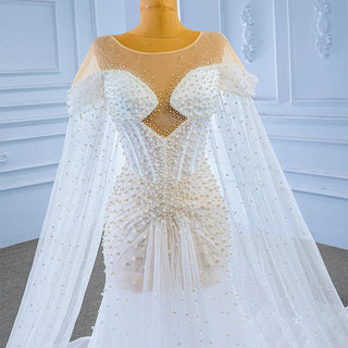 Illusion Pearls Mermaid Bridal Wedding Dress with Shawl