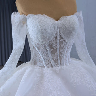 Elegant Off Shoulder Lace Fabric Ball Gown Women's Wedding Dresses