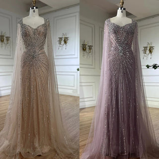 Ships in 2 to 5 Days - 2025 Nude Saudi Arabic Beaded Evening Gown with Cape Sleeves – Customized Elegance