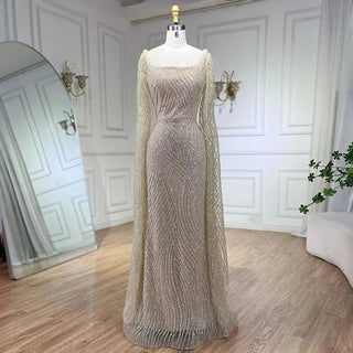 2024 Arabic Nude Mermaid Elegant Cape Sleeves Beaded Luxury Evening Dress: Gowns for Women's Wedding Party