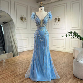 Luxury Dubai Blue Strapless Mermaid Evening Dresses Gowns with Pearls and Feathers Beaded for Women Wedding Party