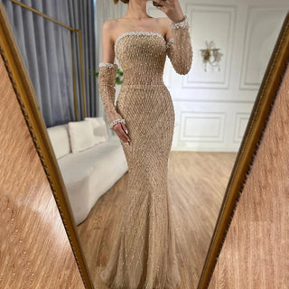 Ships in 2 to 5 Days - White Nude Arabic Beaded Evening Gown with Elegant Gloves for Formal Occasion