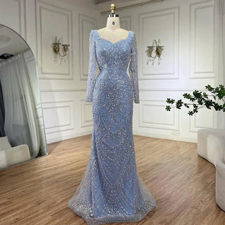 Ships in 1 to 3 Days – Arabic Blue Sweetheart Mermaid Evening Gown Beaded Overskirt - Luxury Dresses for Woman's Wedding Party 2024