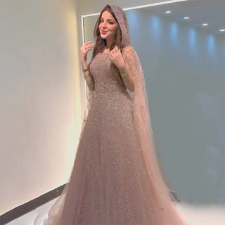 Ships in 1 to 3 Days - 2024 Rose Gold Saudi Arabic Evening Gown with Beaded Detailing and Hooded Cape for Formal Occasions