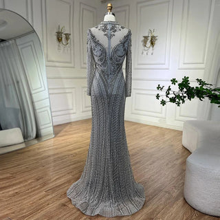 Dubai Gray Mermaid Elegant Lace Crystal Beaded Evening Dress - Luxury Gown for Women's Wedding Party 2024