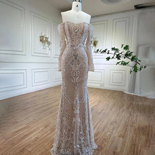 Sophisticated Arabic White Nude Mermaid Evening Dress - Elegant Off-The-Shoulder Gown with Luxury Sequins for 2024 Party