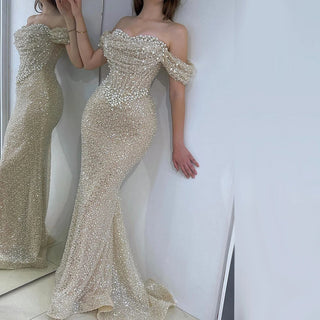 Dubai Arabian Elegance: 2024 Nude Mermaid Evening Gown - Luxury Beaded Dress with Pearls for Women's Wedding Party