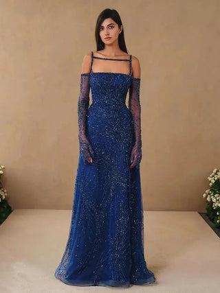 Ships in 1 to 3 Days - Arabic Navy Blue A-Line Spaghetti Strap Beaded Long Evening Dress - Elegant Party Gown for Women 2024