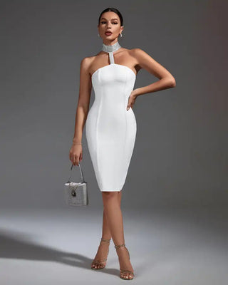 2024 Off-The-Shoulder Silver Rhinestone Bandage Dress - Elegant Summer White Casual Dress for Women