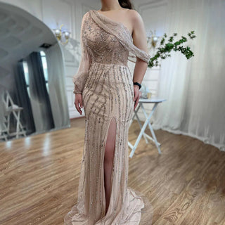 Nude High Split Mermaid Evening Dresses: Luxury Beaded One Shoulder Elegant Gowns for Women's Party 2024