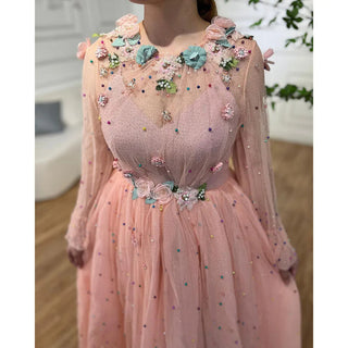 Ships in 1 to 3 Days - Pink A-Line O Neck Long Sleeve Dubai Evening Dress 2024 with Handmade Flowers and Pearls