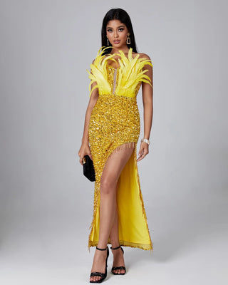 Fall Women’s Sequin Beading Yellow Ostrich Feather Dress - V-Neck Long High Split Party Evening Maxi Dress