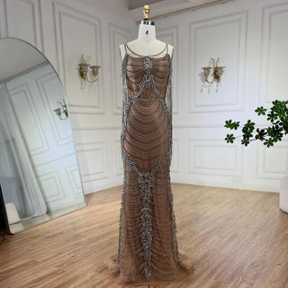 Ships in 1 to 3 Days - Luxury Crystal Tassel Dubai Caramel Evening Dress - Spaghetti Strap Formal Prom Party Gown for Women's Wedding