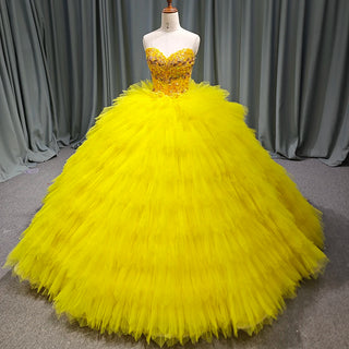 Princess Yellow Strapless Puffy Quinceañera Long Party Dress