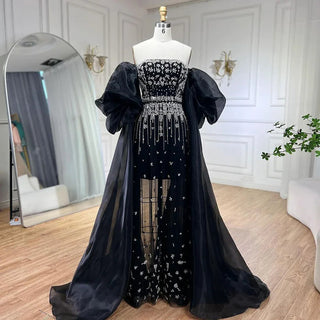 Black Mermaid Evening Gown with Puff Sleeves: Beaded Overskirt Design for Women's Party