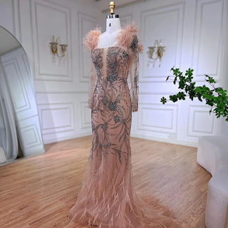 Luxury Dubai Nude One-Shoulder Beaded Feathers Mermaid Evening Dress - Gown for Women's Wedding Party