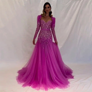 Arabic Sweetheart Fuchsia A-Line Long Sleeves Luxury Beaded Evening Gown - Perfect for Women's Party 2024