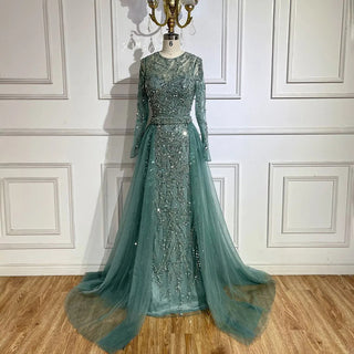 Ships in 1 to 3 Days - Arabic Turquoise Mermaid Gown with Tulle Overskirt and Beaded | Evening Gowns for Women - Wedding Party