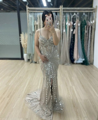 Nude Stunning Spaghetti Straps Sweetheart Neck Prom Party Dress - Luxury Mermaid Evening Gown with High Split for Special Events