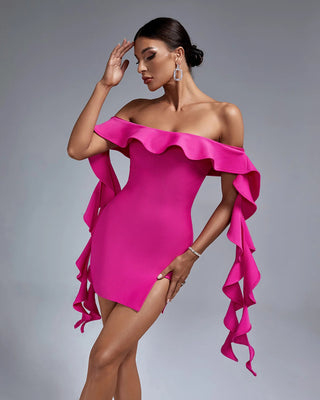 Elegant Off-Shoulder Ruffled Mini Dress with Dramatic Sleeves