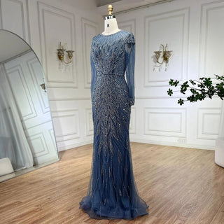 Muslim Blue Mermaid Luxury Beaded Dubai Long Evening Dress - Gown for Women's Wedding Party 2024