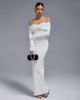 Elegant Off-The-Shoulder Long Sleeve Bodycon Evening Dress - Para Mujeres