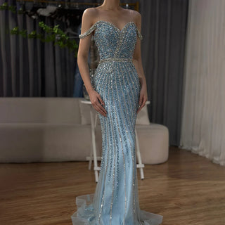 2024 Blue Mermaid Prom Gown with Beaded Detailing - Luxury Saudi Evening Dress for Formal Occasions