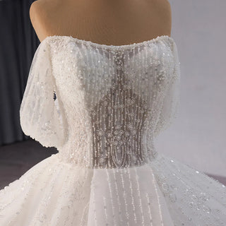 Luxury Boat Neck Ball Gown Wedding Dress with Pearls and Beading