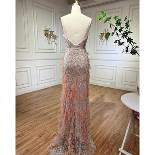 Ships in 1 to 3 Days - Pink Feathers Mermaid Evening Dress: 2024 Luxury Dubai Gown for Women's Wedding Party