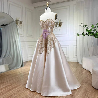 Dubai Arabia Beige A-Line Satin Evening Gown 2024: Strapless, Luxury Beaded for Women's Wedding Party