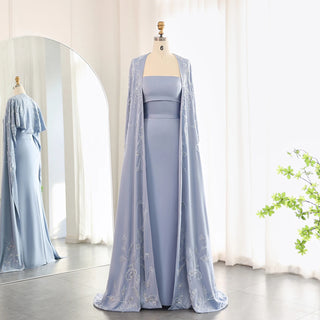 Arabic Blue Mermaid Evening Dress with Cape Sleeves 2024 Luxury Beaded Dubai Women Wedding Guest Party Gowns