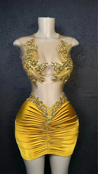 Golden Glamour Mini Dress with Ornate Embroidery