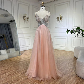 Ships in 1 to 3 Days - 2024 Arabic Peach Elegant Spaghetti Strap Beaded A-Line Prom Dress for Women | Wedding Party