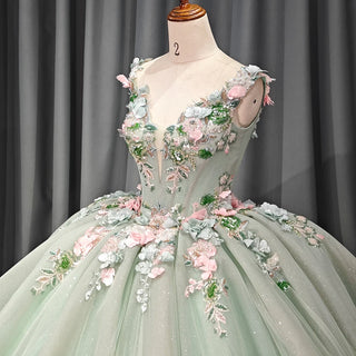 Fashion V-Neck Appliqued Flower Green Quinceañera Formal Gown