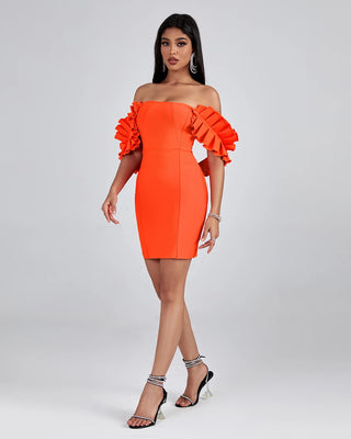 Elegant Ladies Cocktail Dress - Off-Shoulder Strapless Pleated Design Sleeves Bodycon Short Bandage Cocktail Dress