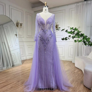 Arabia Lilac Elegant Mermaid Evening Dress with Overskirt - Luxury Beaded Gown for Women's Wedding Party 2024