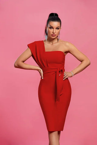 One-Shoulder Belted Pink Midi Bodycon Party Dress - Elegant Summer Bandage Dress for Ladies