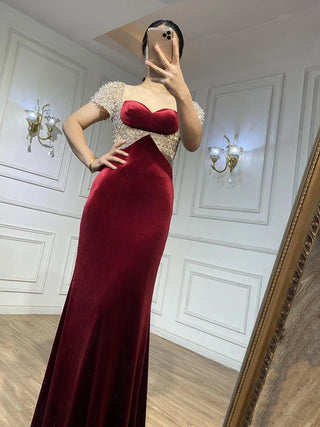 Ships in 1 to 3 Days - Wine Red Beaded Arabic Evening Dress: 2024 Mermaid Luxury Elegant Gown for Women's Party