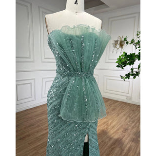 Turquoise Mermaid Evening Dress with High Split - Arabic Beaded Design for Women's Wedding Party