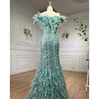 Dubai Mint Luxury Crystal Feathers Sexy Mermaid Evening Dress - Formal Gown for Women's Wedding Party 2024