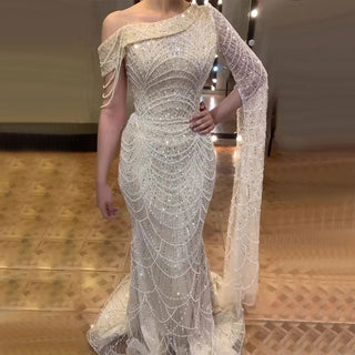 Elegant Nude Mermaid One-Shoulder Pearls Beaded Luxury Evening Dress - Wedding Party Gown for Women 2024