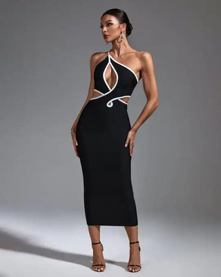 Cut-Out Slash Neck Elegant Party Dress - Sexy Bodycon Black and White Stripes Knit Ladies Bandage Club Dress