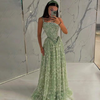 2025 Sage Green Saudi Beaded A-Line Evening Gown with Spaghetti Straps – Customized Elegance