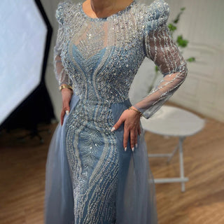 Blue Mermaid Over Skirt Evening Dress 2024 - Beaded, Puff Shoulder Prom Formal Gown for Women's Party