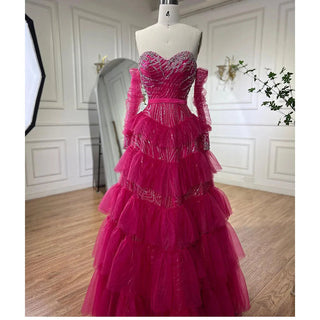 Fuchsia A-Line Elegant Sweetheart Off-Shoulder Tiered Beaded Evening Dress: 2024 Prom Gown for Women's Party