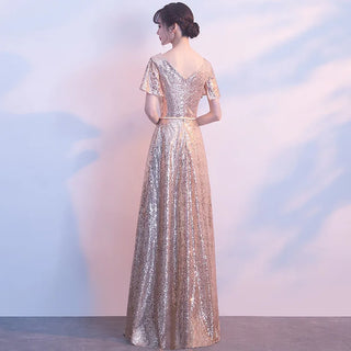 Elegant V-Neck Gold Sequin Prom Dress for Floor-Length A-Line Long Singing Dress