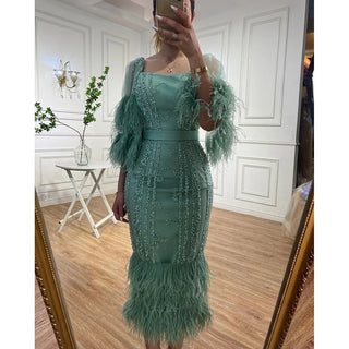 Luxury Turquoise Midi Evening Dress with Cape Sleeves 2024 - Beaded Feather Elegant Women's Party Gown